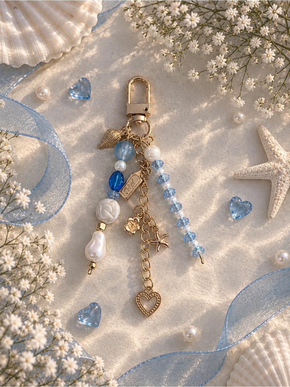 Gold & Blue Beach Charm Keychain/Bag Charm - Women's Accessory
